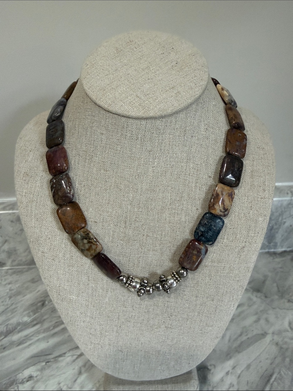 Multi-Color Jasper Rectangle Bead Necklace with Silver Accents